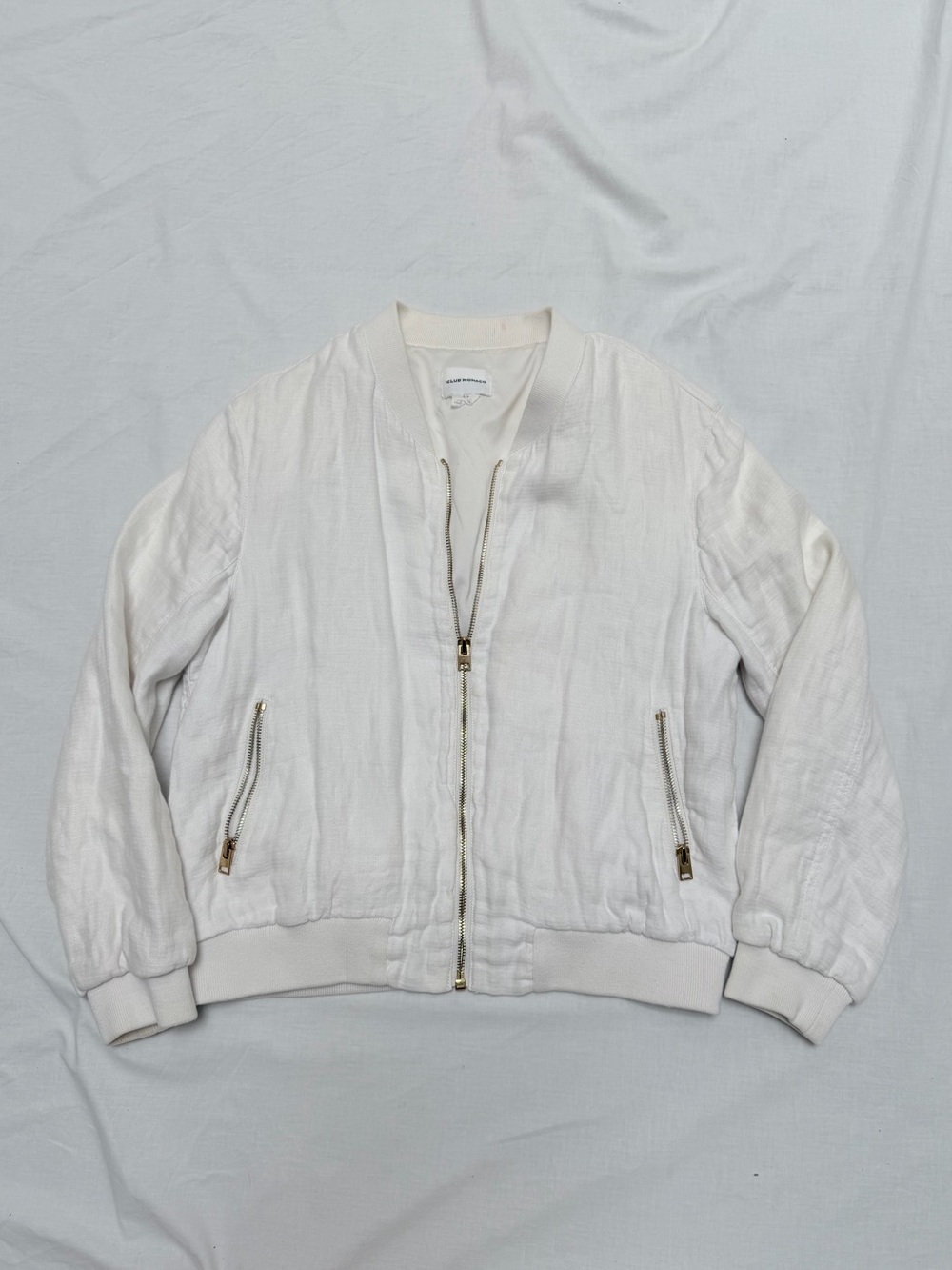 Club Monaco Cream Bomber Jacket with Gold Zippers